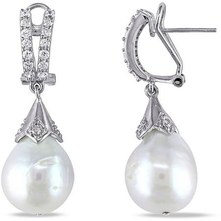 Miabella 12-13mm White Cultured Freshwater Pearl and 1-5/8 Carat T.G.W. CZ Sterling Silver Dangle Earrings