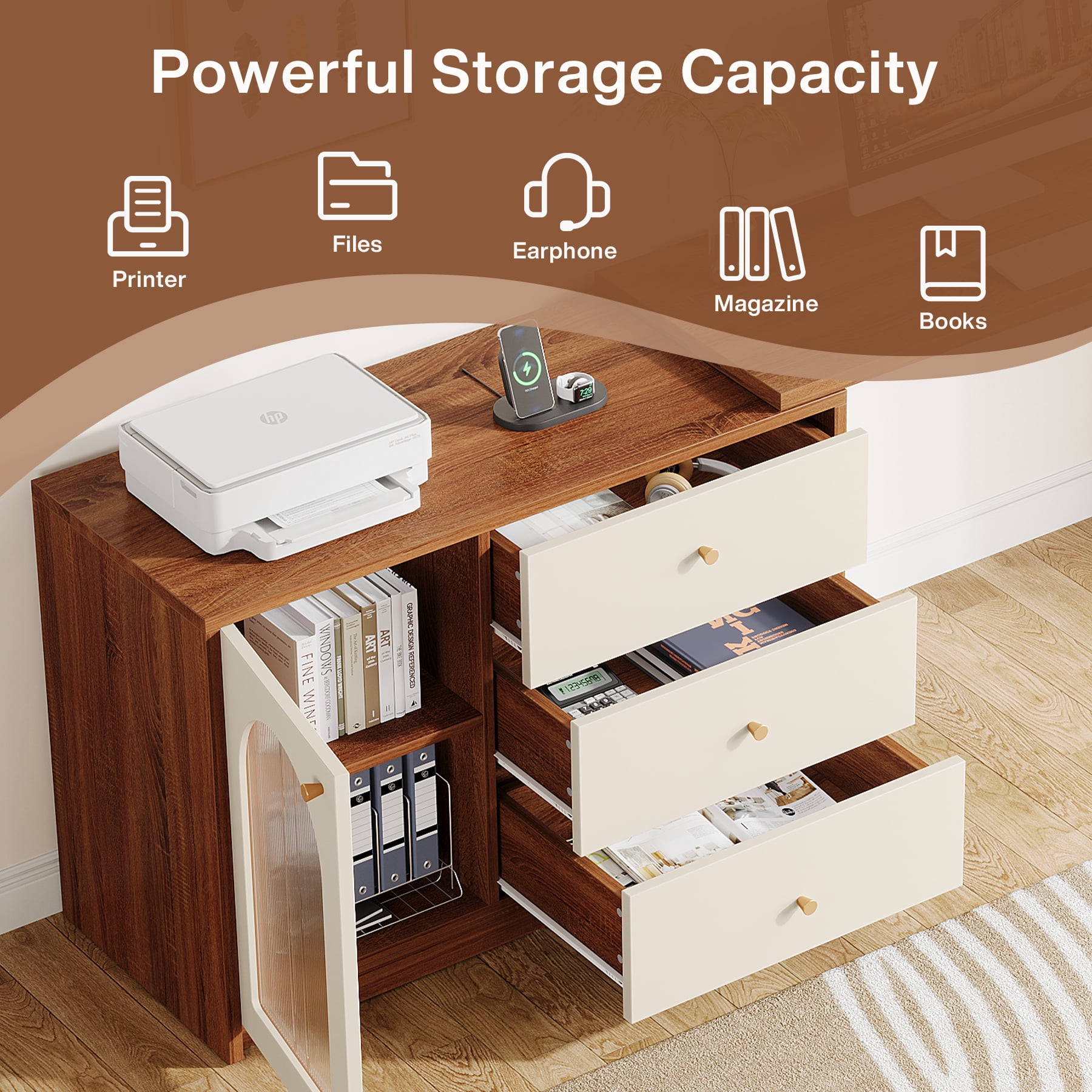 Tribesigns L Shaped Computer Desk with Drawers, Modern Corner Home Office Desk with Reversible Storage Cabinet, Rustic Brown & White, 1 Count