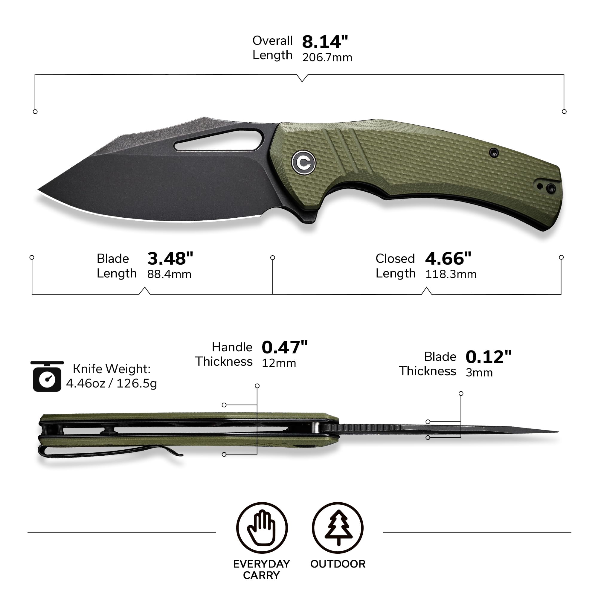 CIVIVI BullTusk Pocket Knife for Camping Fishing Hunting, Folding Knife with Flipper, 3.48" Curved 14C28N Blade Coarse G10 Handle, Cool Pocket Knife for Men Women Gift C23017-2