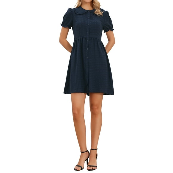 Vintage Dress for Women Peter Pan Collar Short Sleeve Lightweight Texture Mini Dress M Navy Blue