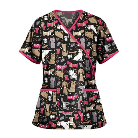 

Women Short Sleeve V-Neck Scrub Top Nurse Working Uniforms T-shirt