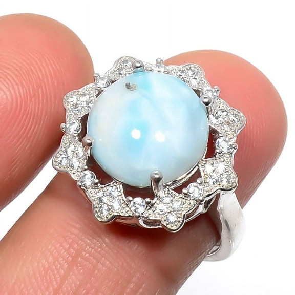 Dominican Republic Larimar & Cz Solid 925 Sterling Silver Ring Adjustable (R141), Beautiful Jewelry For Woman, New Year Sale, Valentin's Day Gift