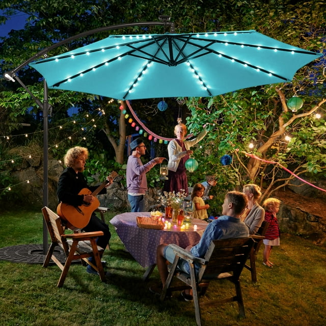 Gymax 10ft Solar Patio Umbrella Outdoor Offset Hanging Umbrella w/ 40 LED Lights Turquoise