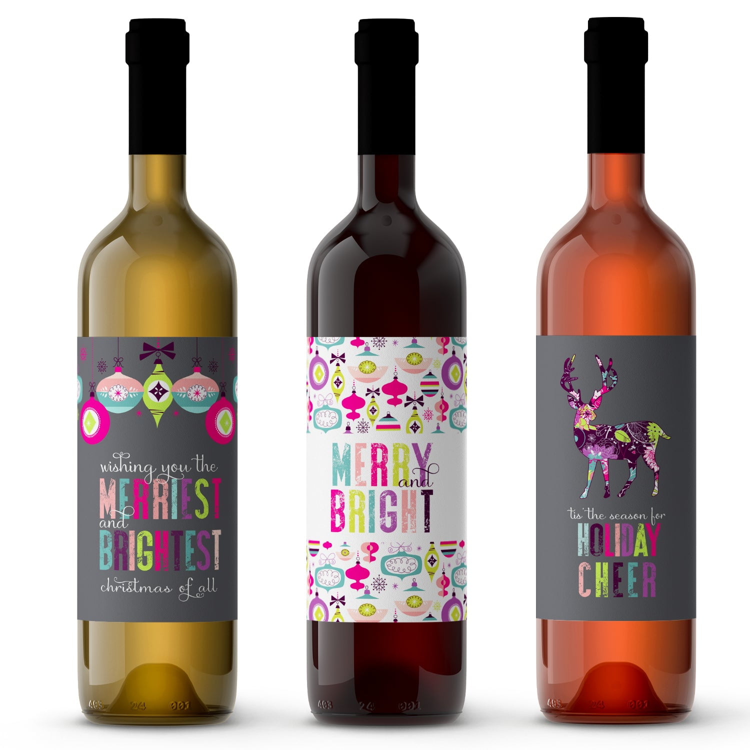 Modern Merry Christmas Wine Label Stickers – Colorful Holiday Party Decorations - Multi-Use Decals for Rustic Fun Ways to Gift - Set of 15 - Paper ...