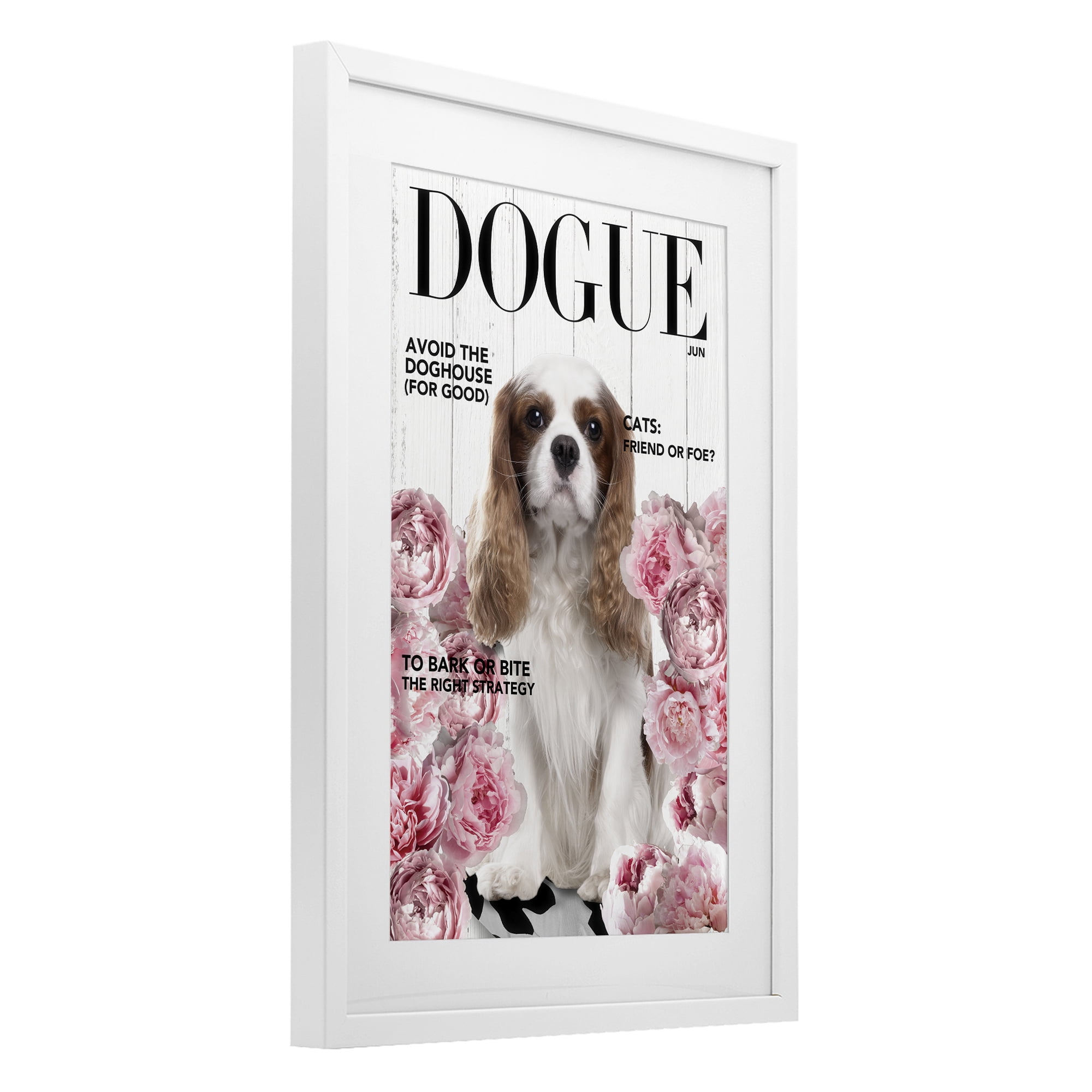 Funny Floral Dog Magazine White Framed Print Under Glass, design by Sasha