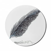 Grey Mouse Pad for Computers, Image of a Dated Antique Classical Quill Pen Feather with Leaf Motifs on Side, Round Non-Slip Thick Rubber Modern Gaming Mousepad, 8" Round, Grey Black, by Ambesonne