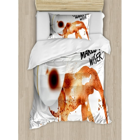 Coffee Art Duvet Cover Set, Drink Coffee and Be Wiser Concept with Espresso Stains, Decorative 2 Piece Bedding Set with 1 Pillow Shams, Twin Size, Burnt Sienna Black White, by Ambesonne