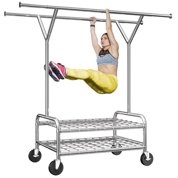 EnHomee Heavy Duty Rolling Clothes Rack,500 lbs Load Adjustable Double Rod Garment Rack with 2 Storage Shelves Clothing Racks for Hanging Clothes,Chrome