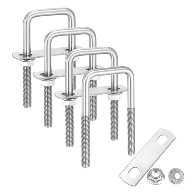 Uxcell 4 juegos de pernos en U cuadrados M8, pernos en U de acero inoxidable de 4 pulgadas con tuercas hexagonales, placas de marco para remolque