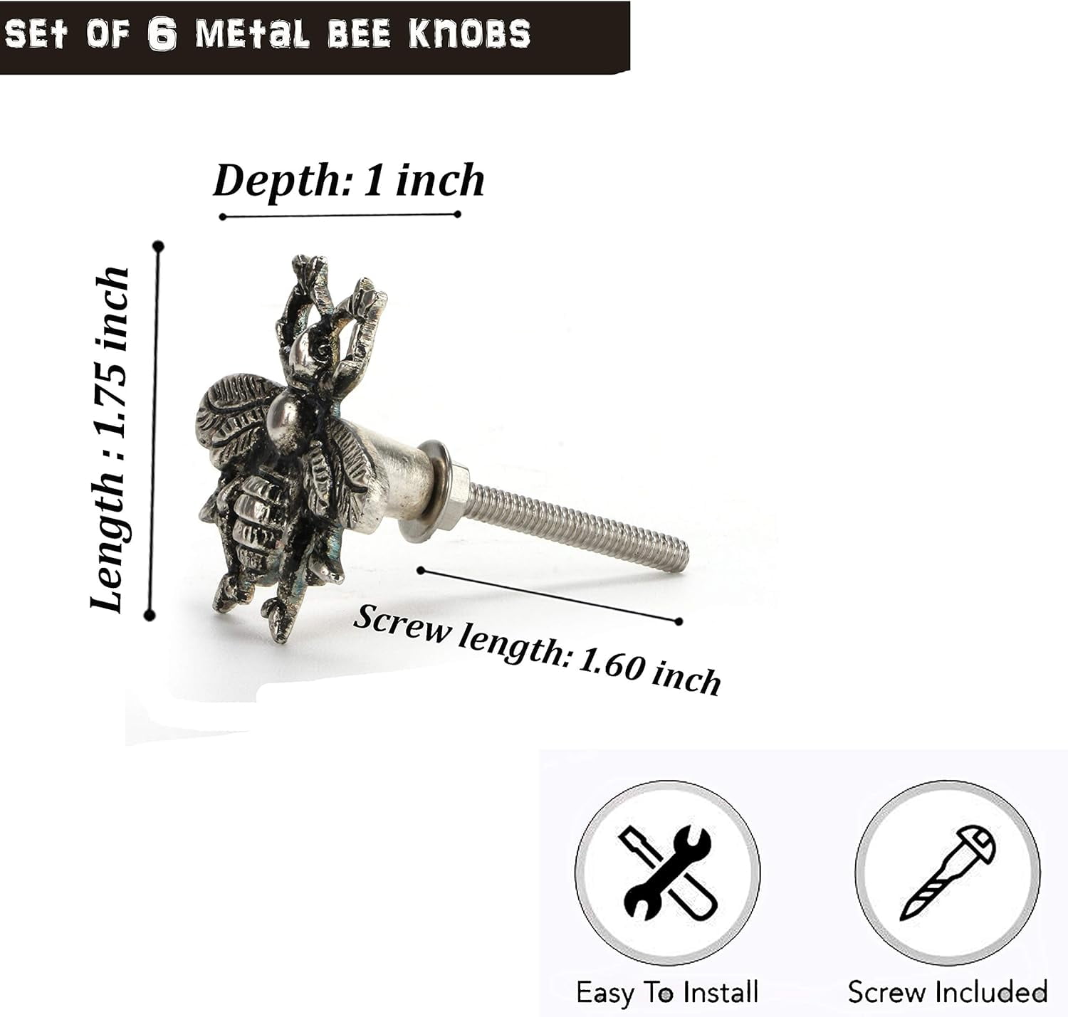 Perilla Home Set of 6 Bee Knobs Decorative Knobs for Home Kitchen Cabinet Hardware Cupboard Glass Door Dresser Wardrobe and Drawer Pulls (Silver)