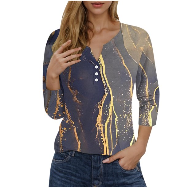 Blusas de Manga Corta para las Mujeres Impresas 3/4 Manga Cuello Redondo Blusa Casual, Ligero Diario Superior