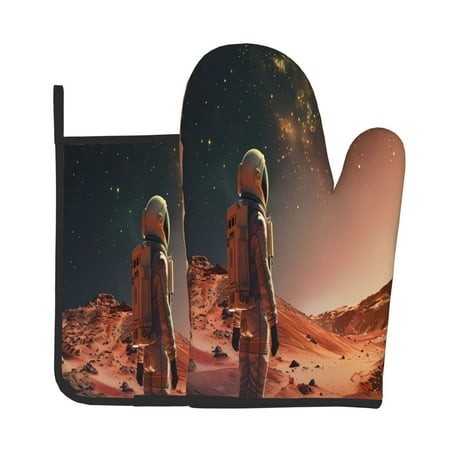 

Zeuib Astronaut On Mars A Print Oven Mitt & Pot Holder Set 2-Pack Kitchen Gloves and Hot Pads for Cooking BBQ Grilling Baking