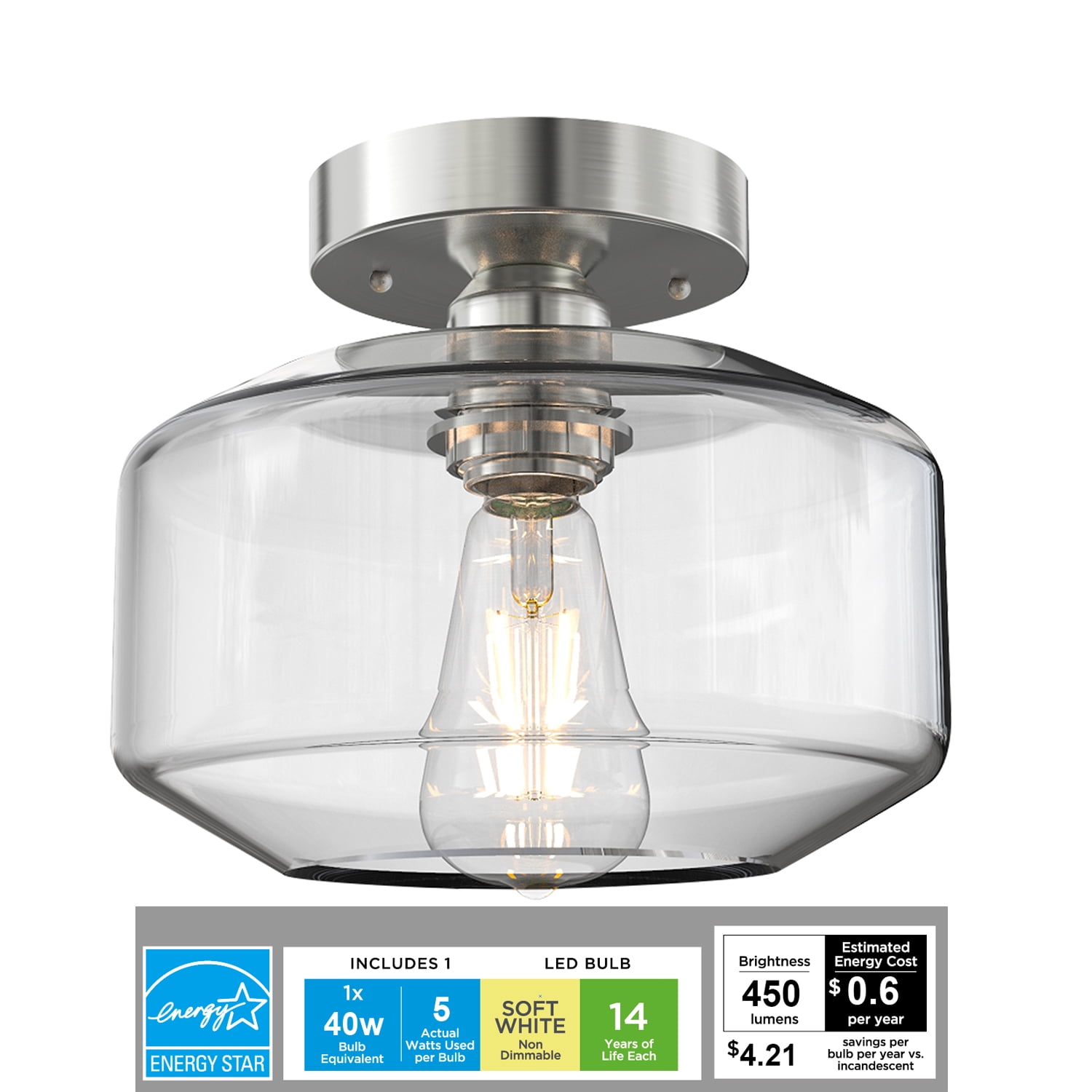 Better Homes &Gardens 8.66in LED Ceiling Light, 40w Dimmble Filament Bulb, Semi Flushed Satin Nickle