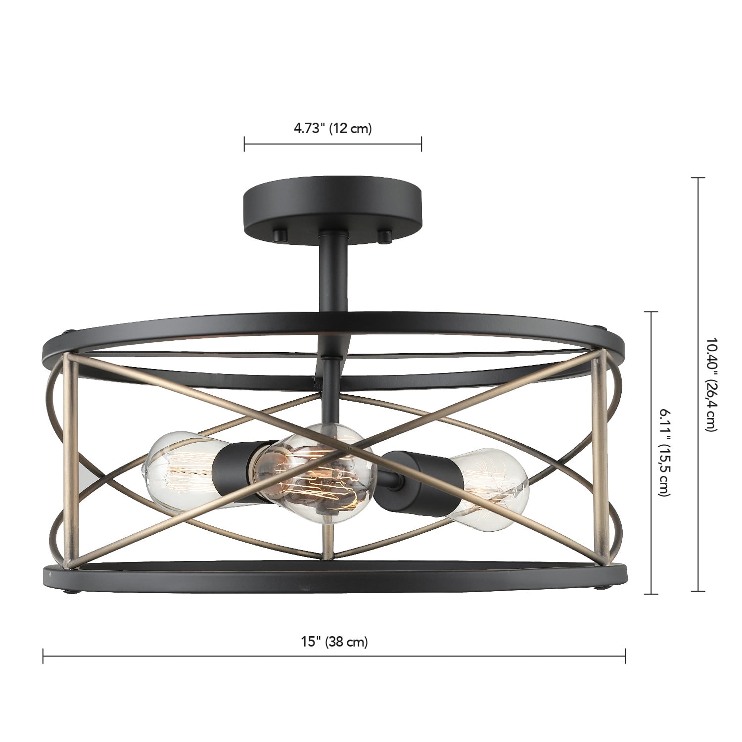 Globe Electric Denali 3-Light Matte Black Flush Mount Ceiling Light with Brass Accents, 60869