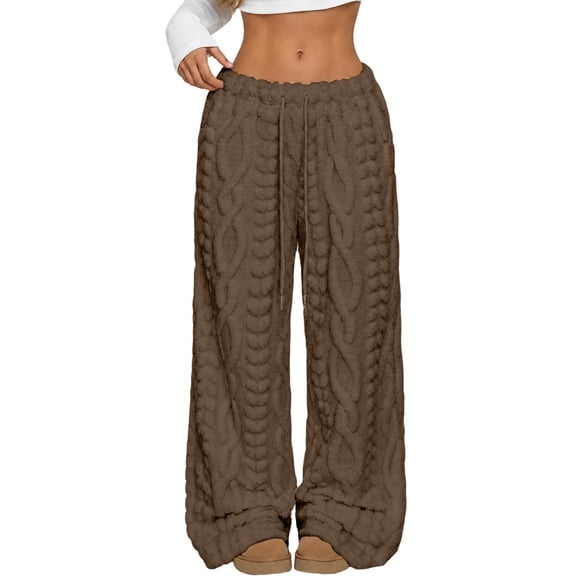 Women's Textured Fleece Wide Leg Pants, Drawstring Warm Plush Lounge Trousers for Home Wear