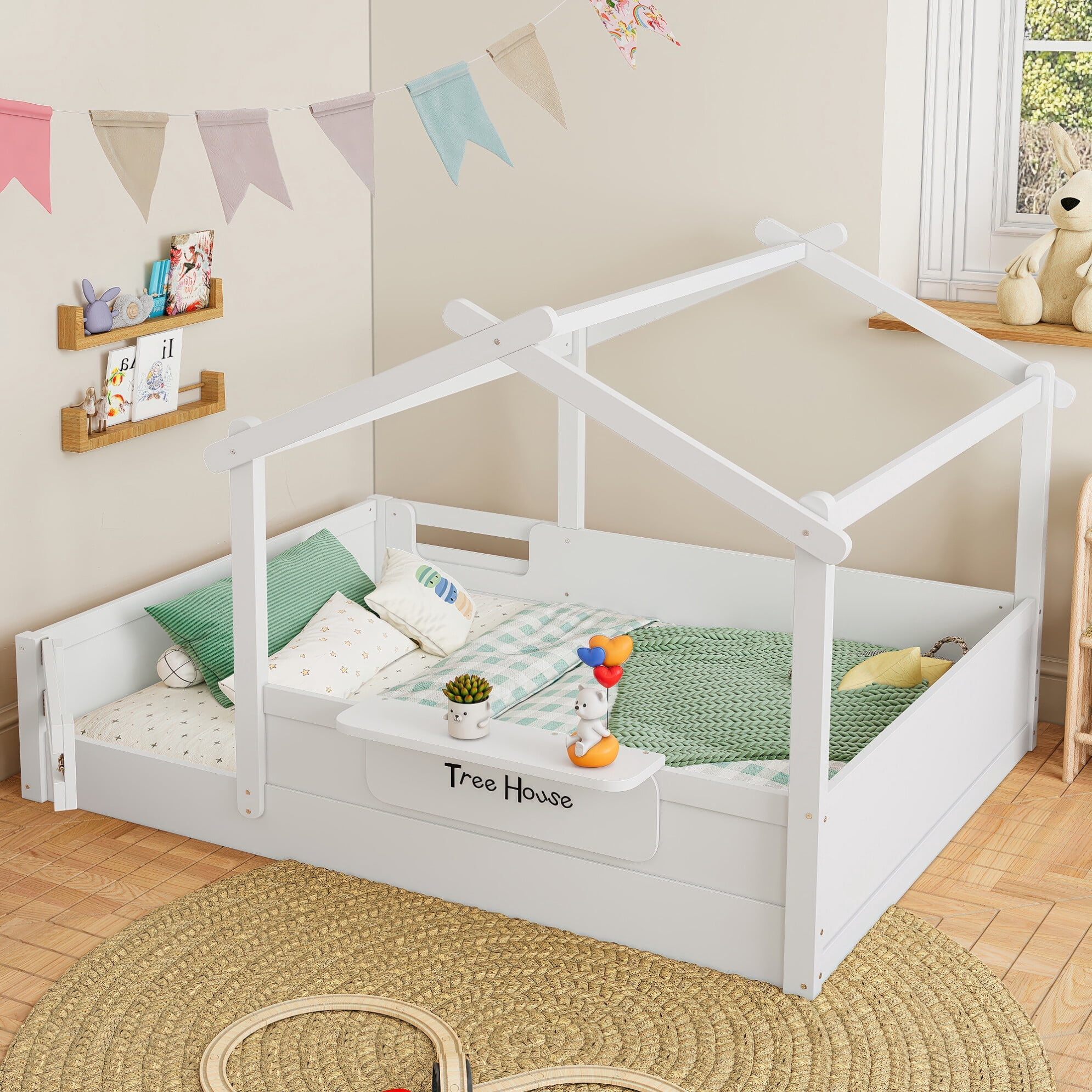 Full House Bed for Kids, Wooden Montessori Floor Bed with Door and Fence, Playhouse Roof Toddler Floor Bed with Built-in Tray for Boys & Girls, White