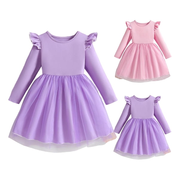Cowsor Little Girls Long Sleeve Ruffle Cap Sleeve Round Neck Dress Solid Color Tulle Puff Gown Fancy Princess Party Dress for 1 to 10 Years Old Kids Holiday Gatherings
