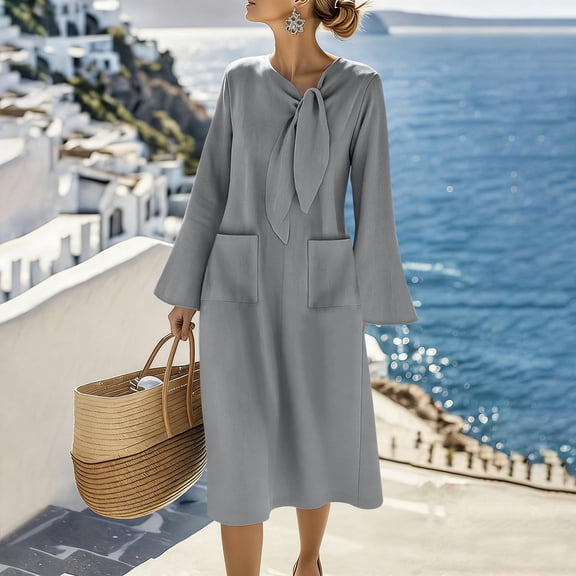 Ahabrexf Long Sleeve Dress for Women, Casual Flowy Loose-Fit Mid-Length Dress with Pockets for Everyday Wear