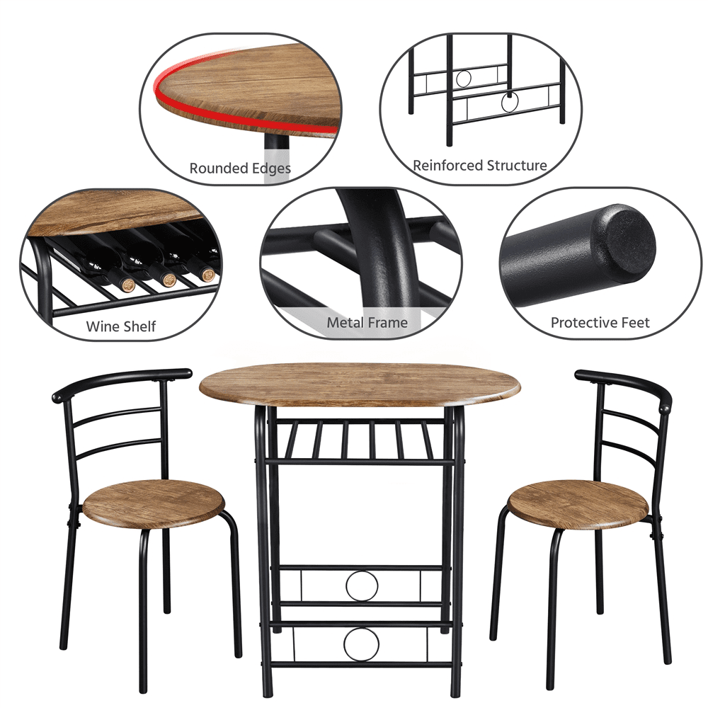 Fullfurnique Modern 3-piece Round Dining Table and 2 Chairs Set with Steel Legs, Brown