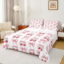 Homewish Kawaii Sweet Cherries Twin Sheet Sets,Girl Bowknot Ribbon Twin Fitted Sheet,Pink White Red Flat Sheet For Girl Teens,Super Cozy Room Decor,3 Pieces