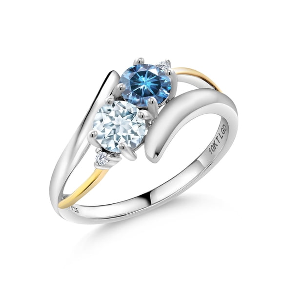 Gem Stone King 925 Silver and 10K Yellow Gold Ring Round Persian Blue Moissanite and Aquamarine Sky Blue (1.02 Cttw, Size 6)