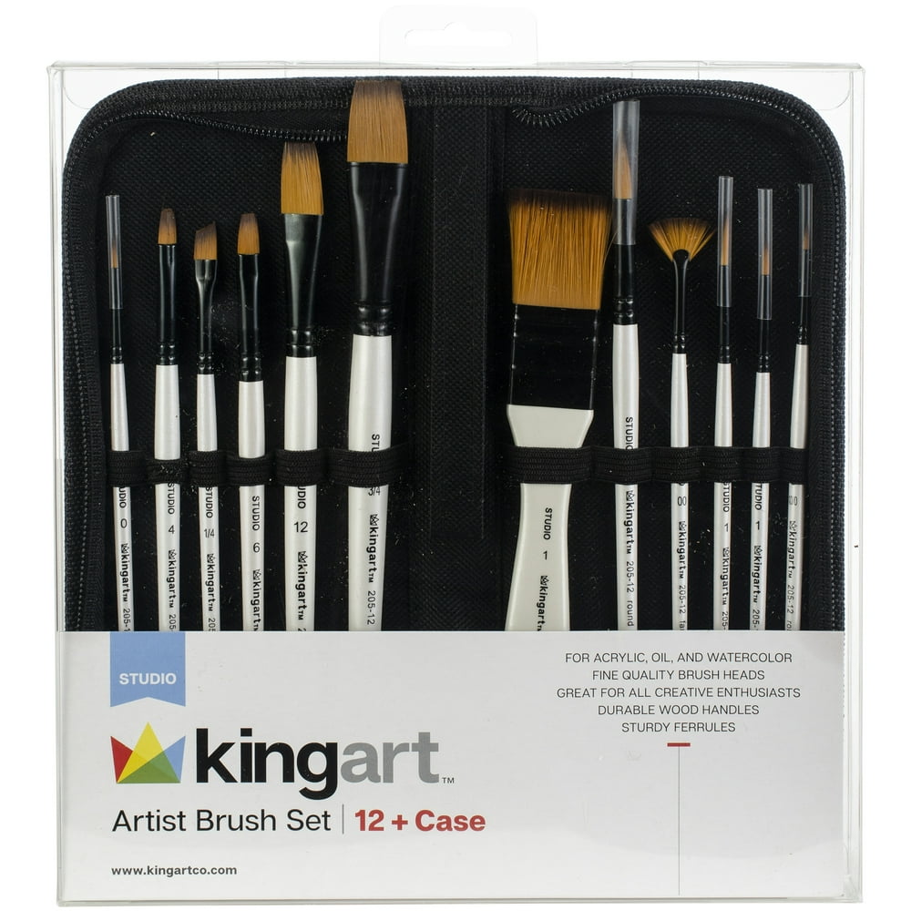 KINGART™ Studio Golden Nylon Brushes, Set of 12 in Travel Case