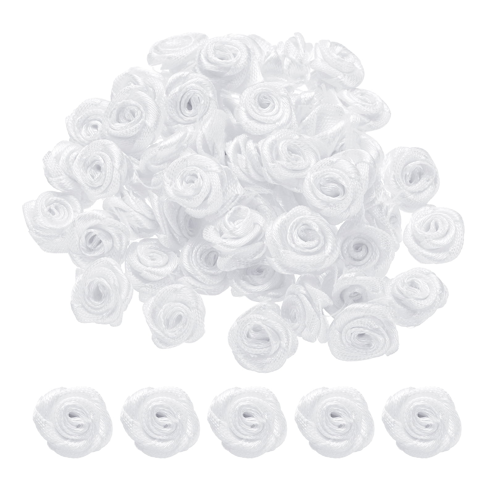 Uxcell 100Pcs 0.6'' Mini Ribbon Roses for DIY Crafts Sewing Artificial Fabric Flowers White