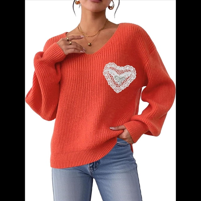 Suéteres para Mujer, Jersey de Punto con Estampado de Corazón y Mangas Farol, Bordado con Encaje y Patchwork. Naranja XL