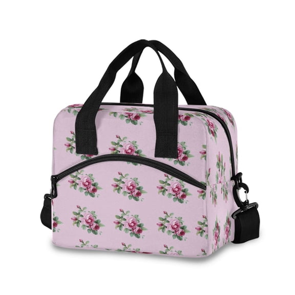 Insulated Crossbody Lunch Bag 10L Lunch Tote with Adjustable Shoulder Strap for Work Office Picnic Pink Vintage Roses Pattern