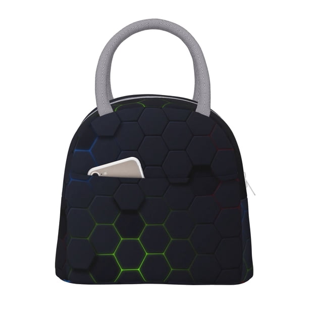 Balery Modern Hexagonal Neon Grid Bolsa de Almuerzo para Mujeres, Caja de Almuerzo, Bolsa de Almuerzo Pequeña Impermeable, Tote de Almuerzo Reutilizable con Gran Capacidad