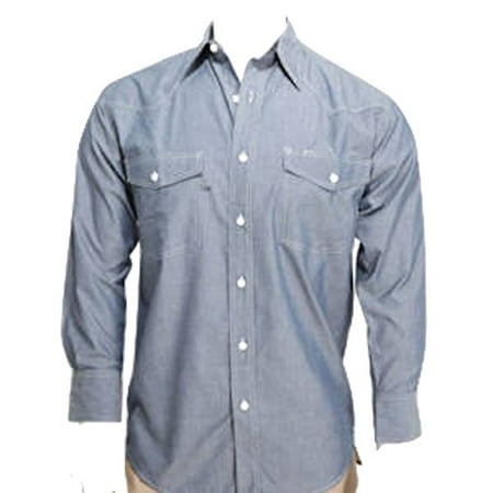 BCO Mens Blue Chambray Long Sleeve Shirt, Western Style Button Front (No Snaps) 60% Cotton 40%