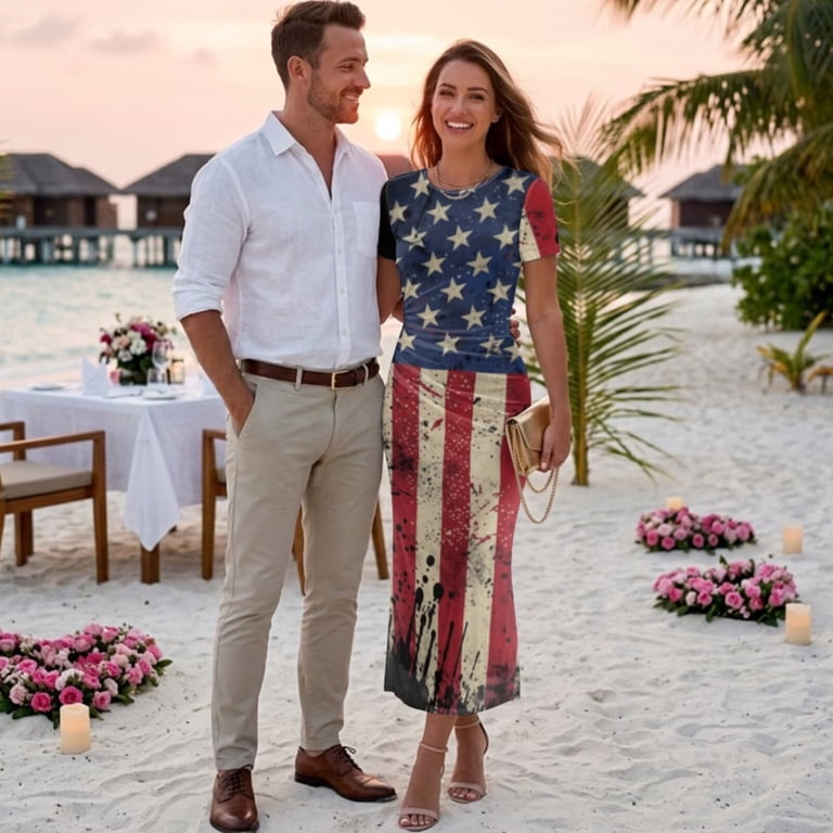 Chririnla 250Years American Flag Shirts for Men,Womens Short Sleeve Pencil Dress,Couple Matched Clothes for 4th of July Birthday Sundress and Shirts Patriotic Outfit for Couples