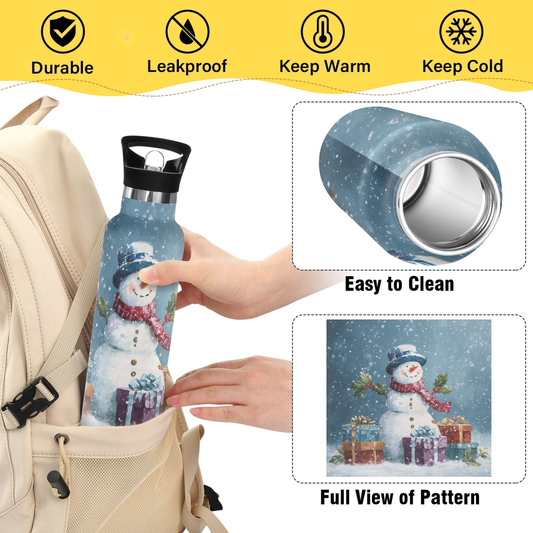 600ML Stainless Steel Insulated Cup Sports Water Bottle Portable Thermos Cup Water Glasses Insulated Tumblers Convenient and Durable Warm Christmas Snowman