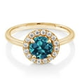 thumbnail image 2 of Gem Stone King 18K Yellow Gold Plated Silver London Blue Topaz and White Moissanite Halo Engagement Ring for Women (1.83 Cttw, Gemstone November Birthstone, Round 7MM, Size 5), 2 of 5