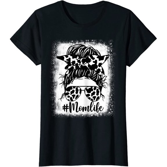 Women Mom Life Bleached Shirt Mom Life Cow Heifer Messy Bun T-Shirt