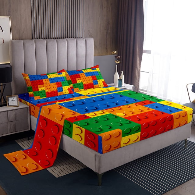 Games Sheet Set for Kids Teens Adults,Color Building Blocks Bed Sheets Set Queen Size,Reversible Toy Brick Sheets,3D Construction Flat Fitted Sheet with 2 Pillowcases Microfiber
