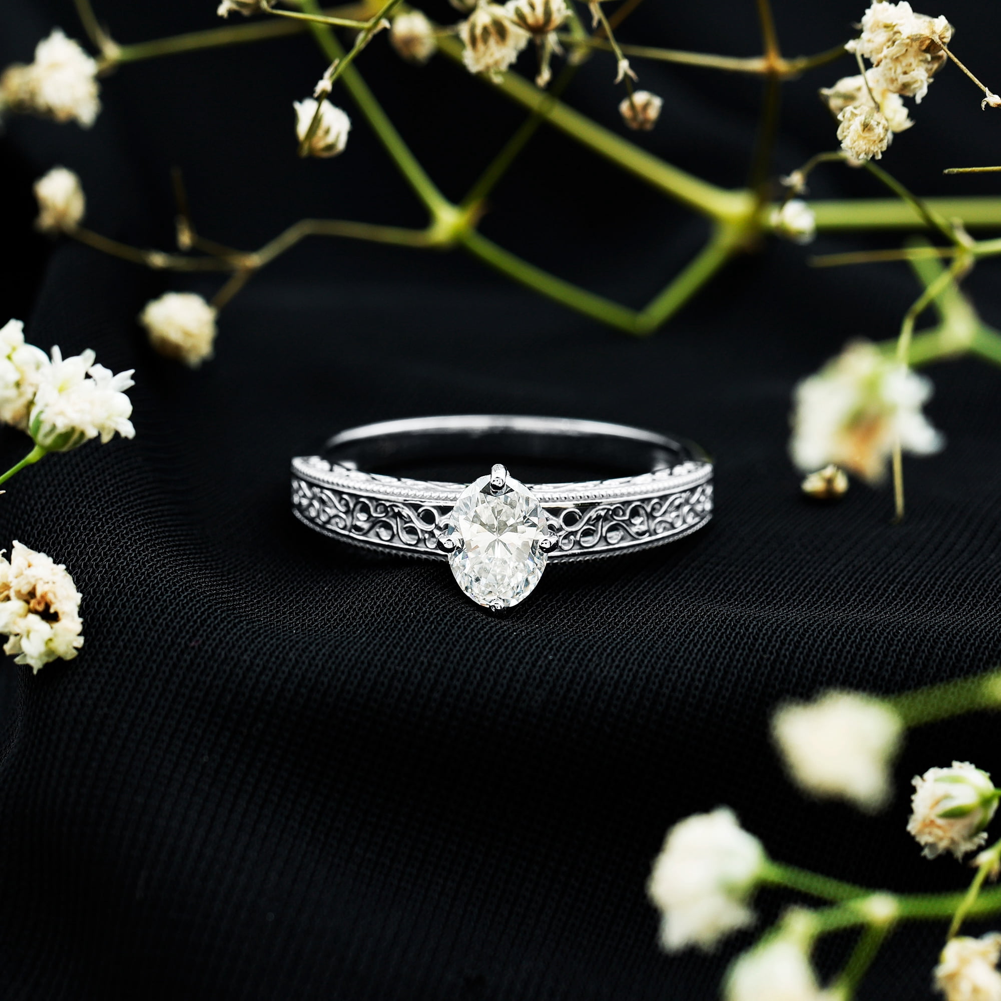 Rosec Jewels Vintage Inspired Lab Diamond Oval Engagement Ring - 1 Carat - Ready To Gift for Women, 14K White Gold, US 6.50