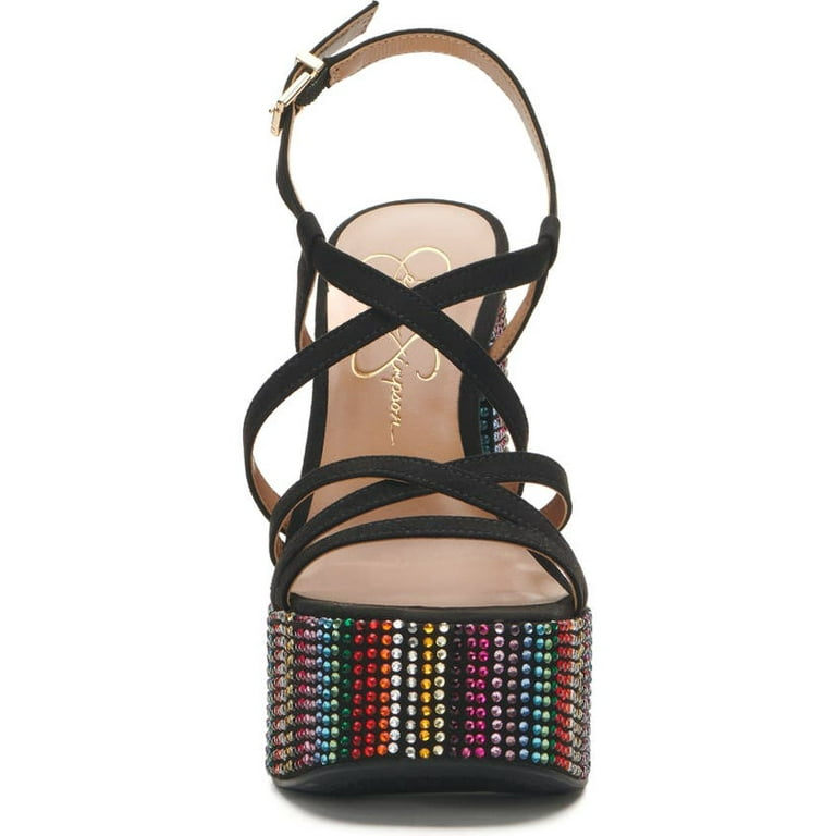 Jessica Simpson Salih Black Rainbow Disco Buckle Straps Block Heel