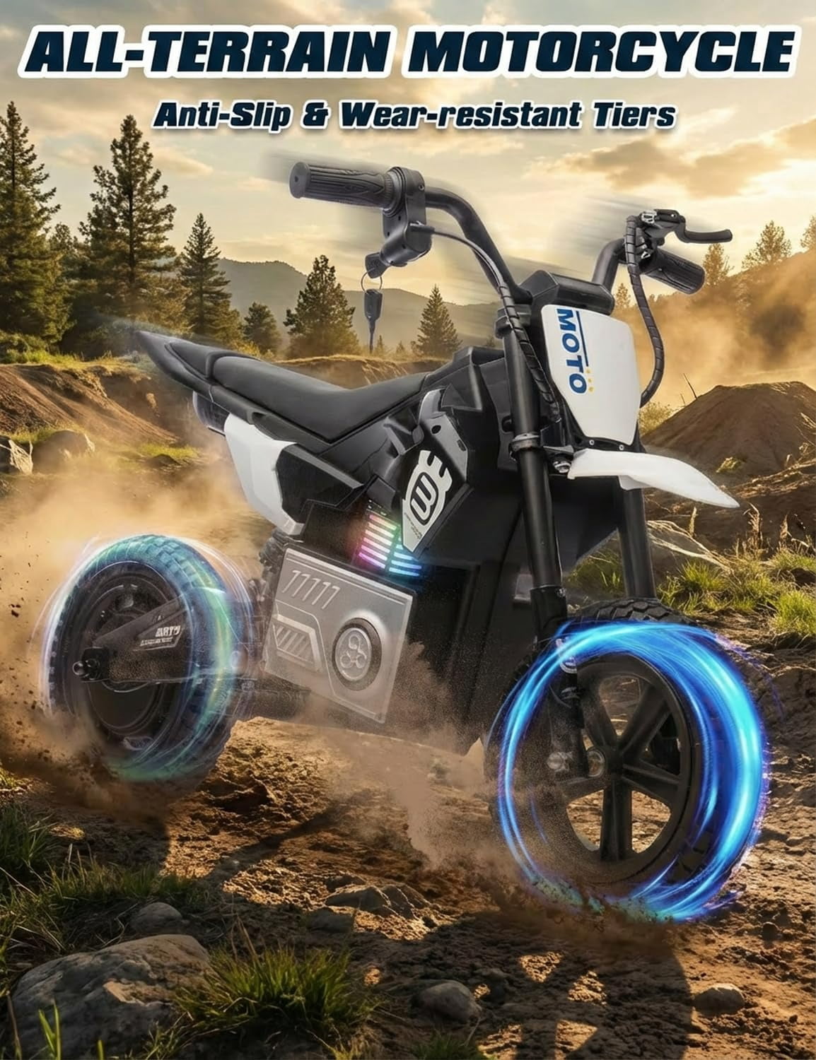 NovaDrive 24V Kids Ride On Electric Motocross Motorcycle with 200W High Speed Hub Motor, Rear Wheel Shock Absorber, Adjustable Speed, LED Lights, Bluetooth Music, Speeds 3.11-9.32 MPH, Ages 5-12