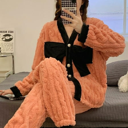 

DanceeMangoo Warm Women Flannel Kimono Pajamas Set Long Sleeve Soft Home Clothes Printing Soft Sleepwear Loungewear Womens Set Pyjamas Set