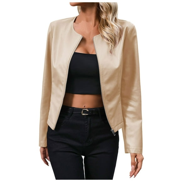 Bmisegm Women's Solid Zipper Coat Suit Jacket PU Leather Jacket Coat Jackets for Women Beige XL