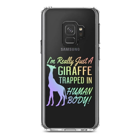 DistinctInk Clear Shockproof Hybrid Case for Samsung Galaxy S9 (5.8" Screen) - TPU Bumper Acrylic Back Tempered Glass Screen Protector - Just a Giraffe Trapped in a Human Body