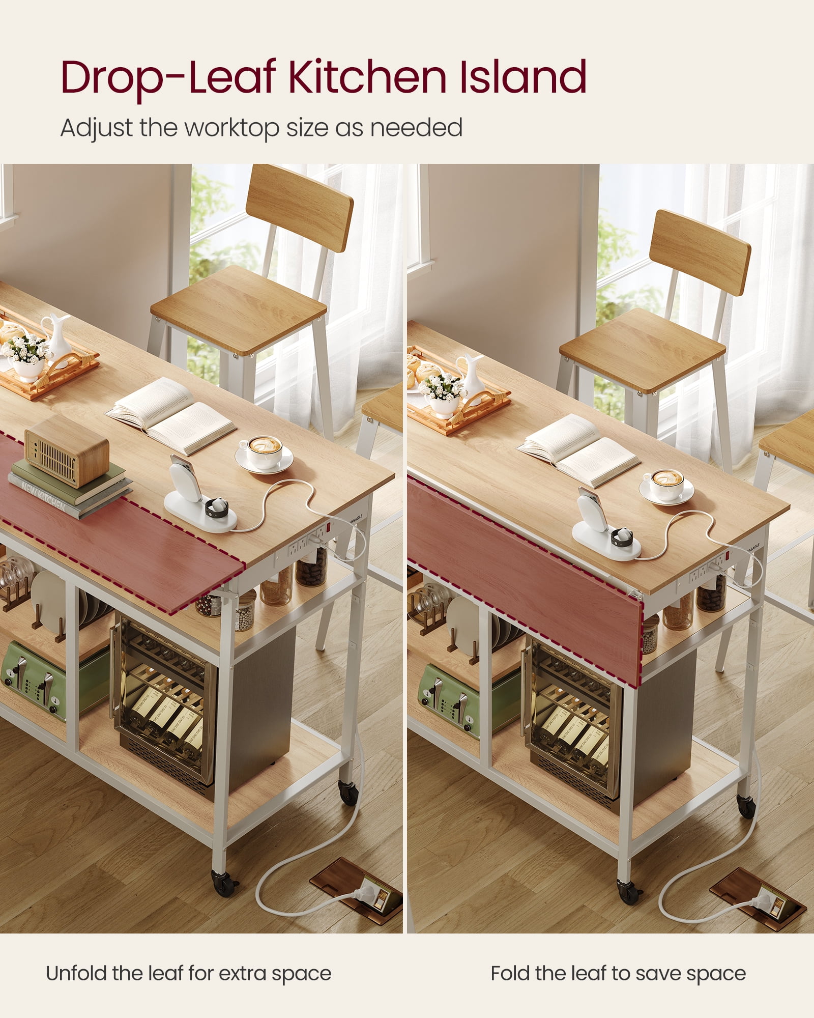 Kitchen Island with Drop Leaf, Kitchen Workbench with Extendable Worktop, Kitchen Cart, Pegboard, Power Strip, Adjustable Shelf, Golden Oak and Cloud White