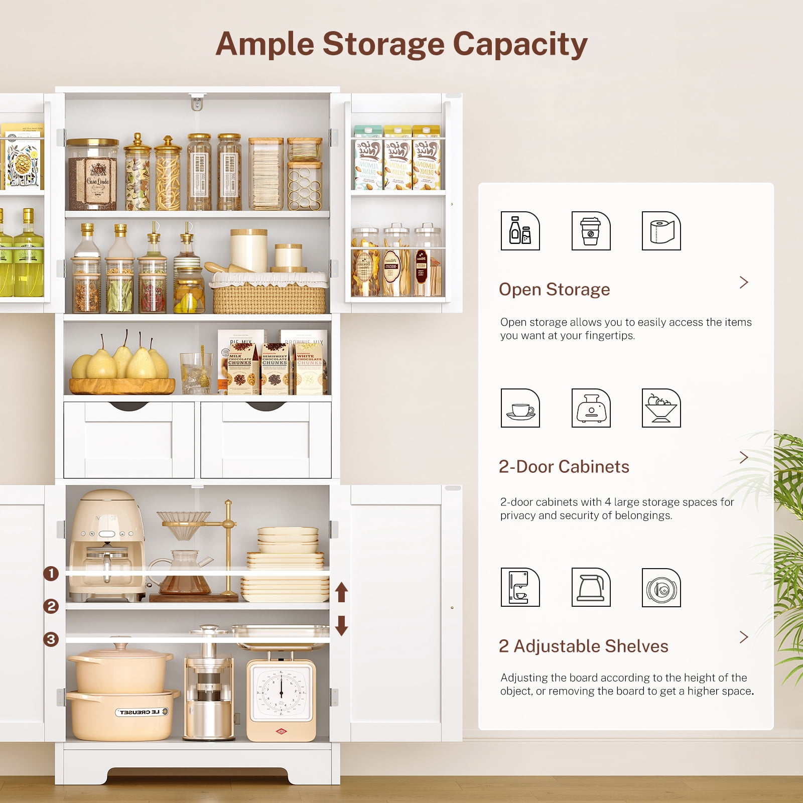 TEENFON Kitchen Pantry Cabinet with Adjustable Shelf, Tall Storage Cabinet with 2 Drawers & 4 Door Shelves, Food Pantry Cabinets, for Kitchen, White