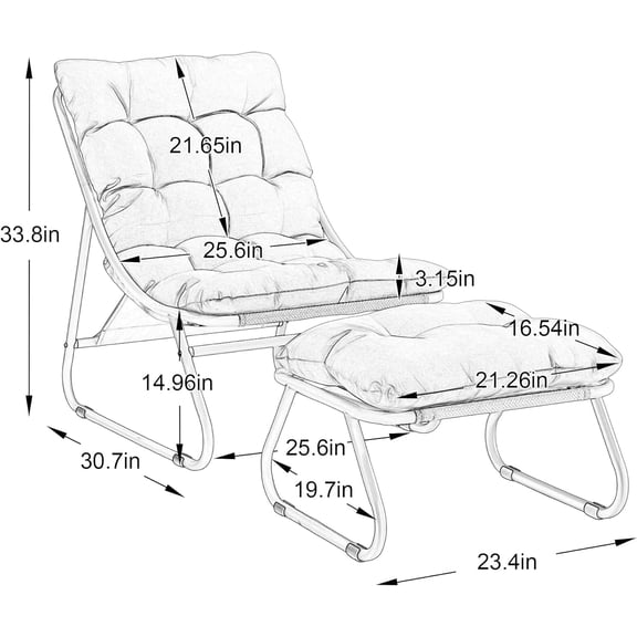 Outdoor Lounge Chair with Ottoman, Sling Recliner with Puffy Cushion and Foot Stool for Living Room Bedroom Reading Room, Black Frame Grey Cushion