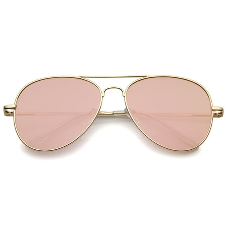 sunglassLA - Small Matte Metal Rose Gold Pink Mirror Flat Lens Aviator Sunglasses (Matte Gold / Pink Mirror) - 56mm