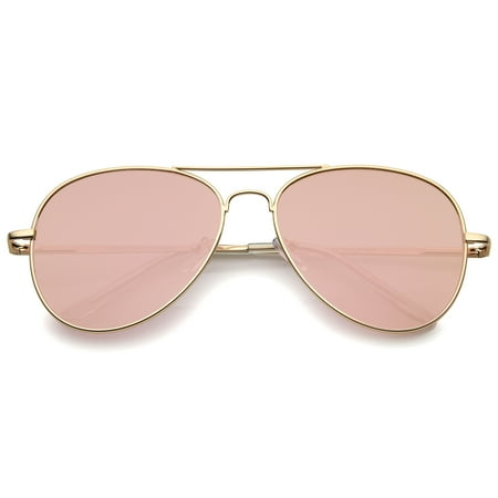 sunglassLA - Small Matte Metal Rose Gold Pink Mirror Flat Lens Aviator Sunglasses (Matte Gold / Pink Mirror) - 56mm