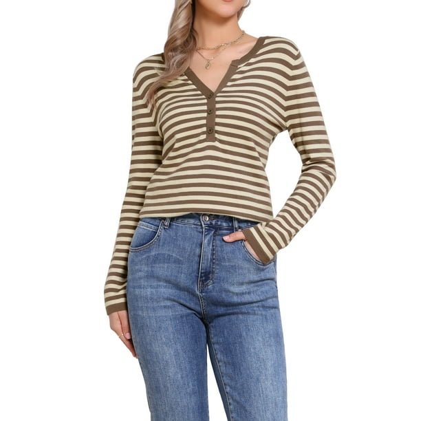 Camisas de punto básicas de cuello en V de rayas de manga larga para mujer Allegra K M marrón