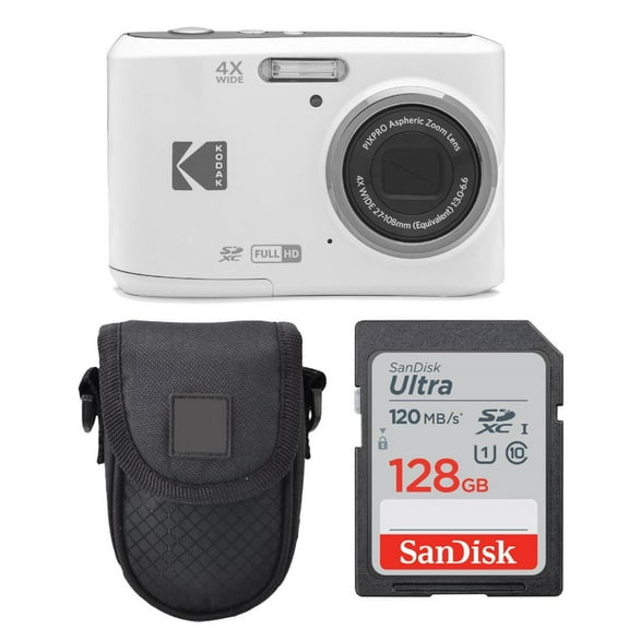 Kodak PIXPRO FZ45 Digital Camera (White)   Point & Shoot Camera Case   Sandisk 128GB SDXC Memory Card