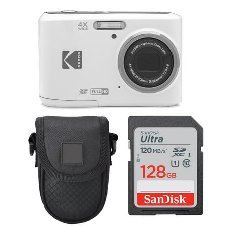 Kodak PIXPRO FZ45 Digital Camera (White) + Point & Shoot Camera Case + Sandisk 128GB SDXC Memory Card